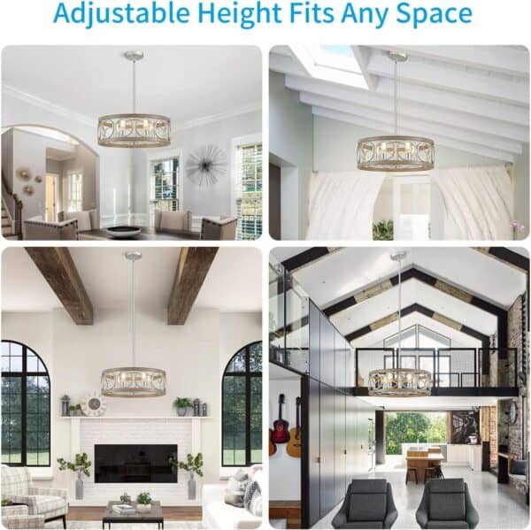 Collage of a Drum Chandelier Rustic Pendant Lighting Antique Wood Grain Brushed Nickel with Round Metal Shade in four different interior settings showing its adjustable height feature in various room configurations.