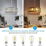 Two images of a Drum Chandelier Rustic Pendant Lighting Antique Wood Grain Brushed Nickel with Round Metal Shade, shown turned off and on, above a dining table, with compatible bulb types displayed below.