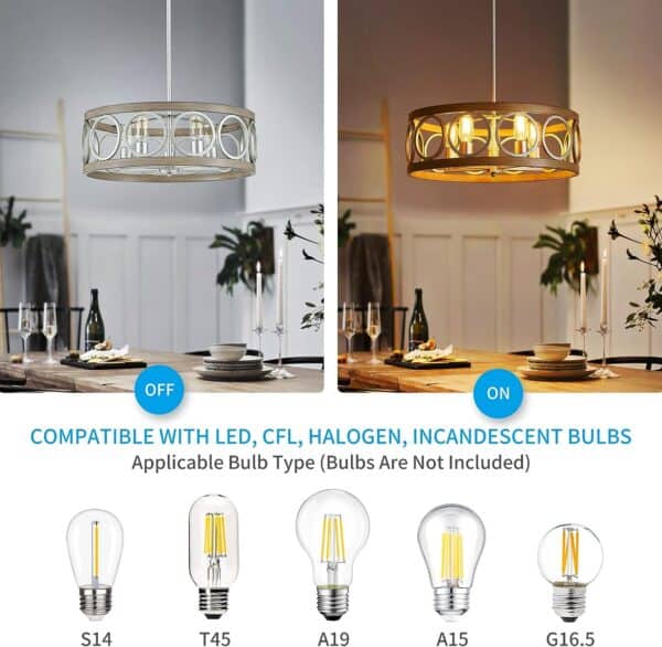 Two images of a Drum Chandelier Rustic Pendant Lighting Antique Wood Grain Brushed Nickel with Round Metal Shade, shown turned off and on, above a dining table, with compatible bulb types displayed below.