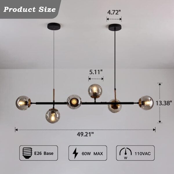 Modern linear Light Pendant Lighting Mid-Century Glass Globes Chandelier Black with five spherical glass shades hanging at varying heights, dimensions labeled, against a plain background.