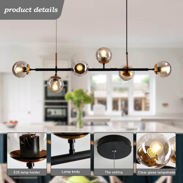 Mid-Century Light Pendant Lighting with clear glass lampshades and a sleek black frame, displayed in a kitchen setting, accompanied by close-up detail images of various components.