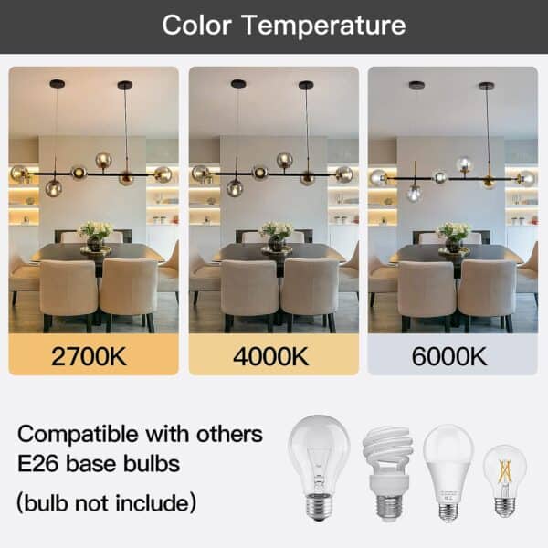 Comparison of a dining area featuring Light Pendant Lighting Mid-Century Glass Globes Chandelier Black under different color temperatures: 2700K, 4000K, and 6000K, showing warmer to cooler lighting. Includes
