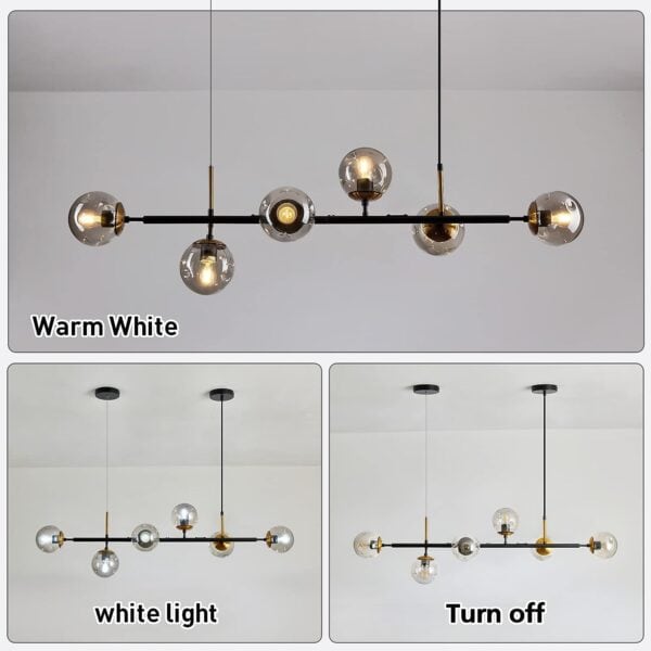 A Light Pendant Lighting Mid-Century Glass Globes Chandelier Black with multiple glass globes displayed in three settings: warm white, white light, and turned off.
