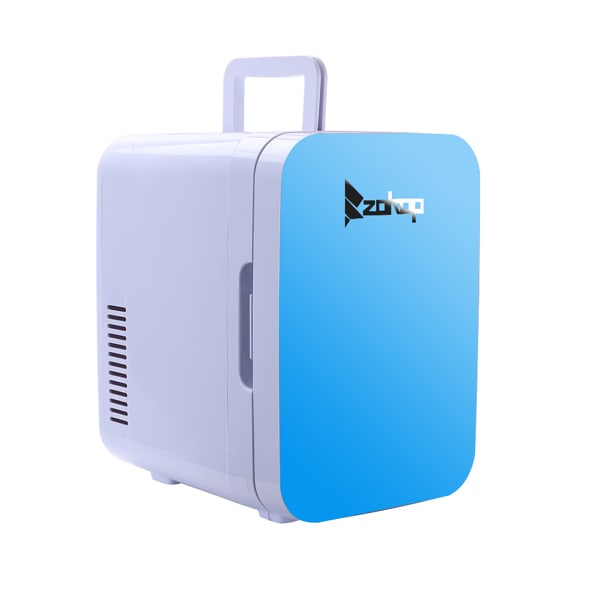 Compact Zokop AQ-6L-B Electric Mini Portable Fridge Cooler & Warmer with a blue door and white casing, featuring a logo on the door.