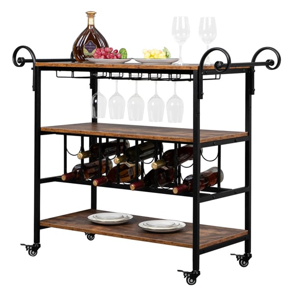 A HODELY Three-Layer Board Fire Pattern Removable Iron Wooden Wine Cart with three-layer board and wooden shelves, decorated with plates, glasses, and assorted fruits.