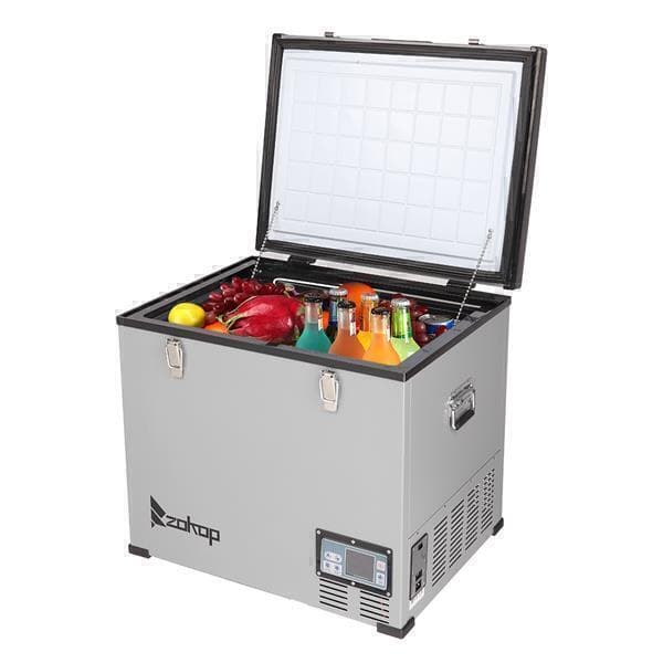 ZOKOP 60L / 64Quart / 2.1CU.FT Compressor Key Display Car Refrigerator filled with various beverages and fruit, open and viewed from the side on a white background.