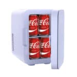 A Zokop Electric Mini Portable Fridge Cooler & Warmer Thermoelectric with an open door revealing four cans of coca-cola stacked inside.