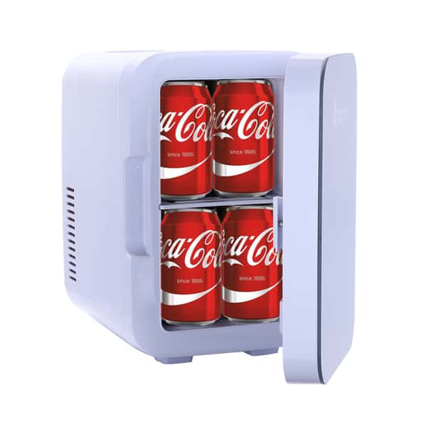 A Zokop Electric Mini Portable Fridge Cooler & Warmer Thermoelectric with an open door revealing four cans of coca-cola stacked inside.
