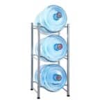 A 3-Tier Water Rack Stainless Steel Heavy Duty Water Cooler Jug Rack holding three large blue water bottles, each bottle positioned horizontally on its own shelf.