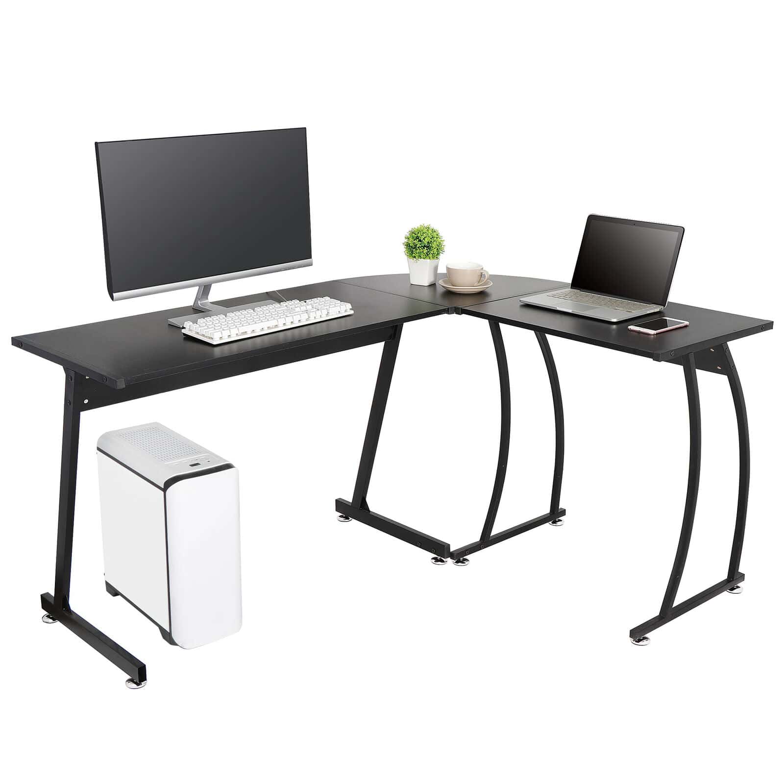 58″ Computer Gaming Laptop Table L Shaped Desk Workstation Home Office Desk with a desktop monitor, laptop, keyboard, mouse, small potted plant, phone, and a white CPU, placed on a white background.