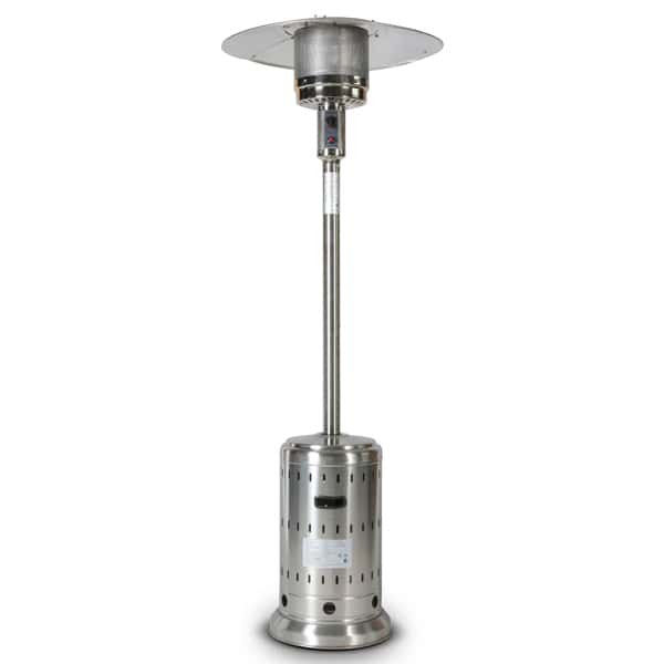 46000BTU Propane Patio Heater Stainless Steel New Design Free Cover with a round base and an umbrella-shaped top on a white background.