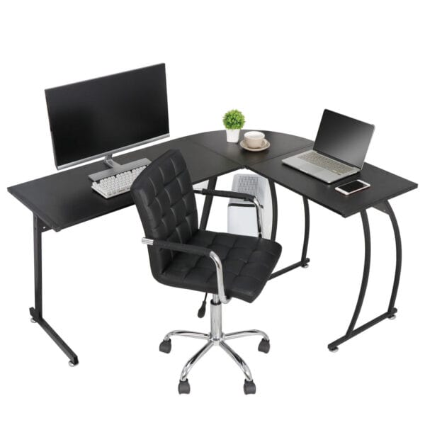 Sentence with replaced product name: 58" Computer Gaming Laptop Table L Shaped Desk Workstation Home Office Desk with a desktop computer on one side and a laptop with a coffee cup on the other, accompanied by a black revolving chair.