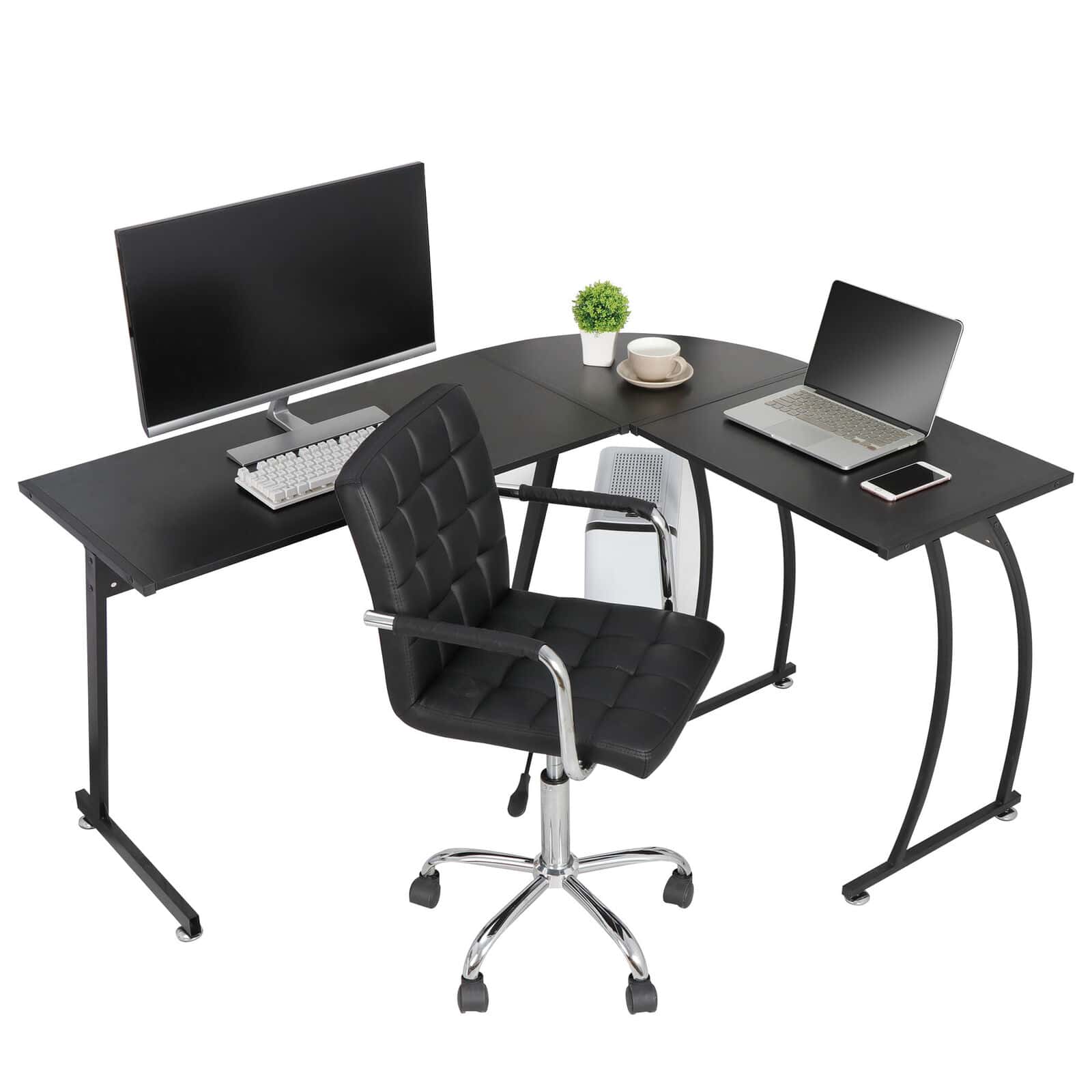 Sentence with replaced product name: 58″ Computer Gaming Laptop Table L Shaped Desk Workstation Home Office Desk with a desktop computer on one side and a laptop with a coffee cup on the other, accompanied by a black revolving chair.