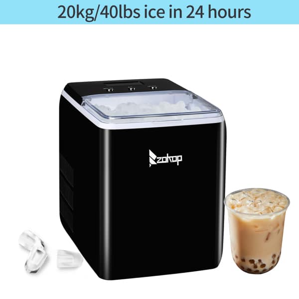Zokop Ice Maker Black Plastic Transparent Cover Display next to a glass of iced coffee, advertises producing 44 lbs of ice in 24 hours.