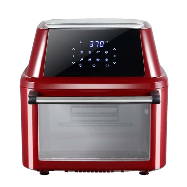 A red ZOKOP 120V 16 L Air Fryer 1800W Claret-Red countertop convection oven with a digital display showing a temperature of 370 degrees and touch controls.