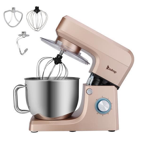 A Zokop Chef Machine stand mixer with a stainless steel mixing pot and multiple attachments including a dough hook and a whisk.