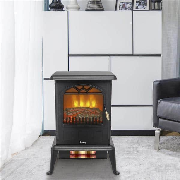 An electric fireplace with a glowing artificial flame display, placed in a modern living room with a white bookshelf background, now features the Zokop 5118 BTU Infrared Heater Electric Fireplace Stove for enhanced warmth.