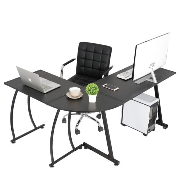A 58" Computer Gaming Laptop Table L Shaped Desk Workstation Home Office Desk with a laptop, monitor, phone, coffee cup, and decorative plant, set against a white background.