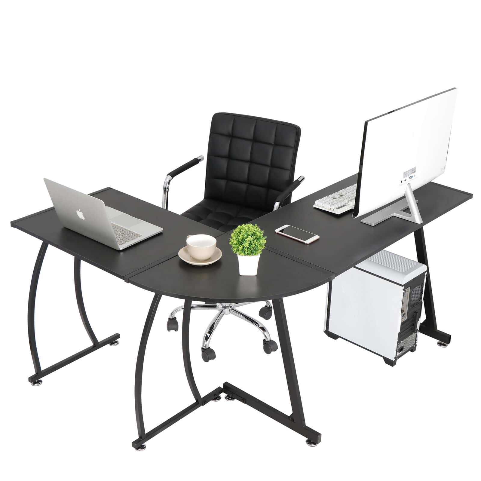 A 58″ Computer Gaming Laptop Table L Shaped Desk Workstation Home Office Desk with a laptop, monitor, phone, coffee cup, and decorative plant, set against a white background.