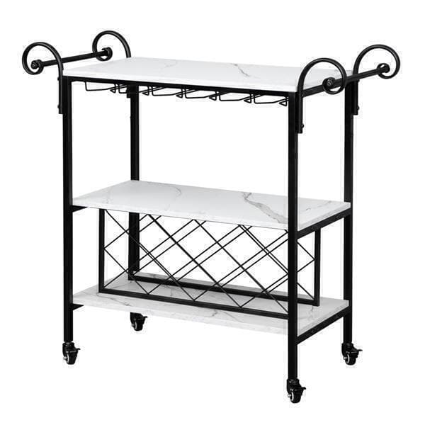 A HODELY Two-Layer Armrest Wine Bottle Layer Movable Iron Wood Wine Cart with a black metal frame and white marble shelves, featuring decorative scrollwork and caster wheels.
