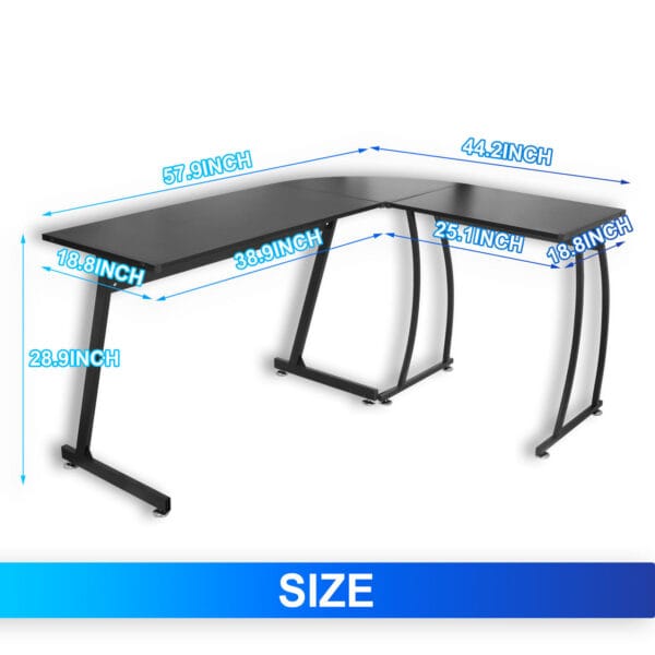 58" Computer Gaming Laptop Table L Shaped Desk Workstation Home Office Desk with dimensions displayed, including a main table length of 57.9 inches and a side table length of 44.2 inches.