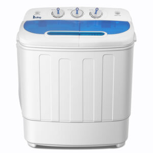 A ZOKOP 13Lbs Semi-automatic Twin Tube Washing Machine White & Blue with blue lids and control knobs.