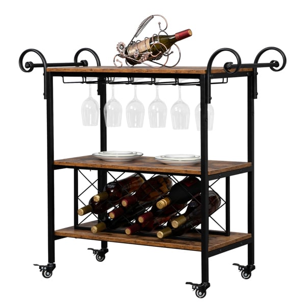 A mobile HODELY Two-Layer Double-Armrest Diamond Wine Bottle Layer Iron Wood kitchen cart featuring an iron wood wine rack with shelves for wine bottles, hanging glasses, and plates, equipped with rolling casters.