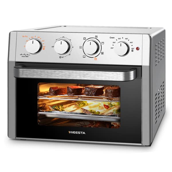 WEESTA 24 Quart - 7-In-1 Air Fryer Toaster Oven Convection Oven with a clear glass door showing food inside, and three control knobs on the front panel.