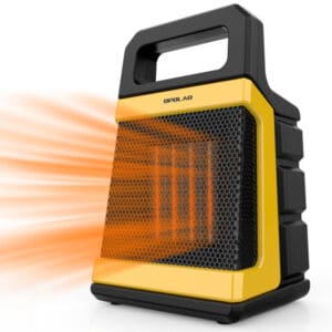 Opolar 1500W Ceramic Space Heater with Adjustable Thermostat Indoor Heater, portable black and yellow, emitting warm light, isolated on a white background.