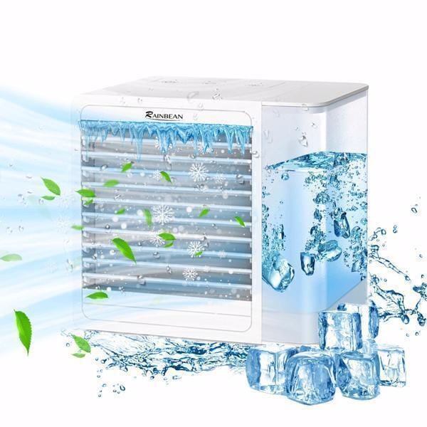 Rainbean 3 in 1 Portable Air Conditioner and Humidifier Air Cooler with water splashes and ice cubes around it, illustrating its cooling effect. Green leaves signify fresh, clean air.