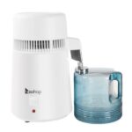 White ZOKOP 750W Countertop Home Water Distiller Machine Stainless Steel with a transparent blue water jug attached on a white background.