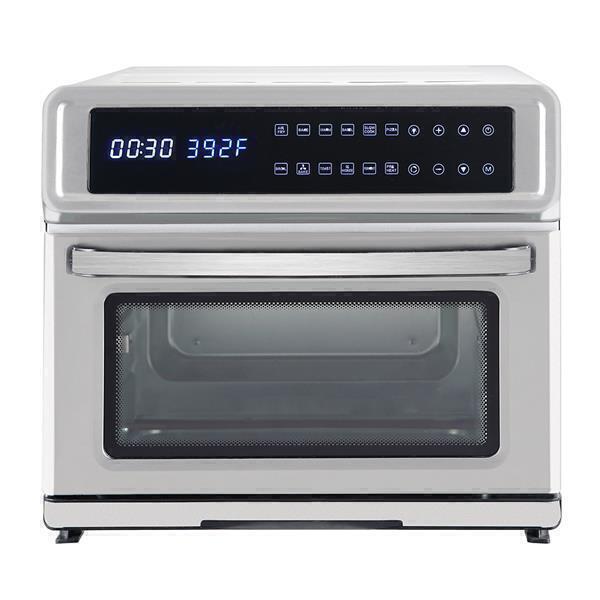 A modern ZOKOP 120V 20 L Air Fryer 1700W Silver with a digital display showing time and temperature, isolated on a white background.