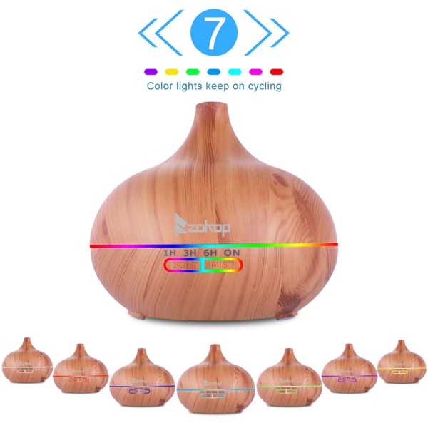 The Zokop 500ML RGB Colorful light Aroma Diffuser with Black Controller features a wood-grain design, displaying adjustable settings for RGB colorful light and mist duration, and small icons illustrating different operating modes.