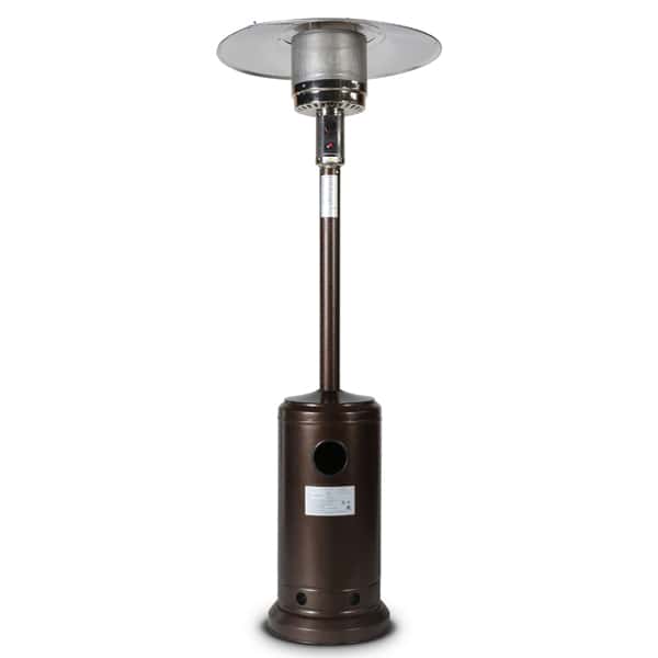Outdoor 46000 BTU Propane Patio Heater with a hammered bronze base, stainless steel post and reflector, isolated on a white background.