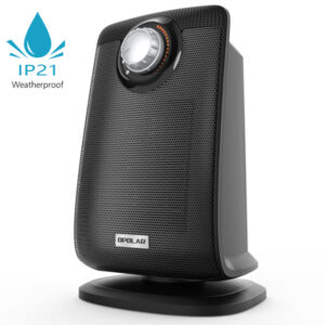 Portable ceramic heater with adjustable thermostat dial, branded "Opolar 1500W Bathroom Space Heater Portable Ceramic Safe Heater," labeled IP21 weatherproof, displayed on a white background.