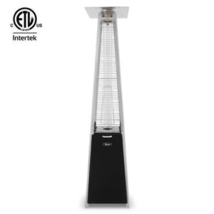 An ZOKOP 40000BTU outdoor courtyard gas tower heater with a tall, tapered upper section made of glass and a broad, flat base marked with the Intertek logo.