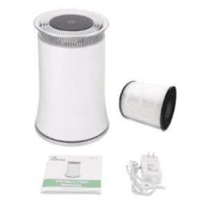 White cylindrical Air Purifier for Home True HEPA Air Cleaner Up to 540 sqft Night Light and Ozone-free, additional filter, instruction manual, and power adapter on a white background.