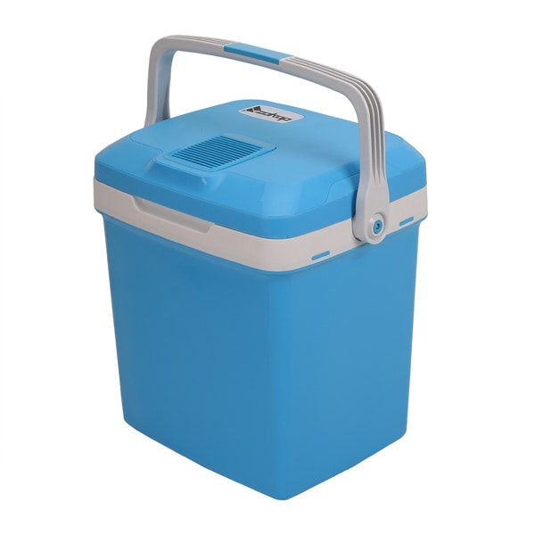 A ZOKOP Electric Portable Fridge Cooler & Warmer 26 Liter / 0.92Cuft with a white handle and lid featuring a gray locking mechanism and a small vent on top.
