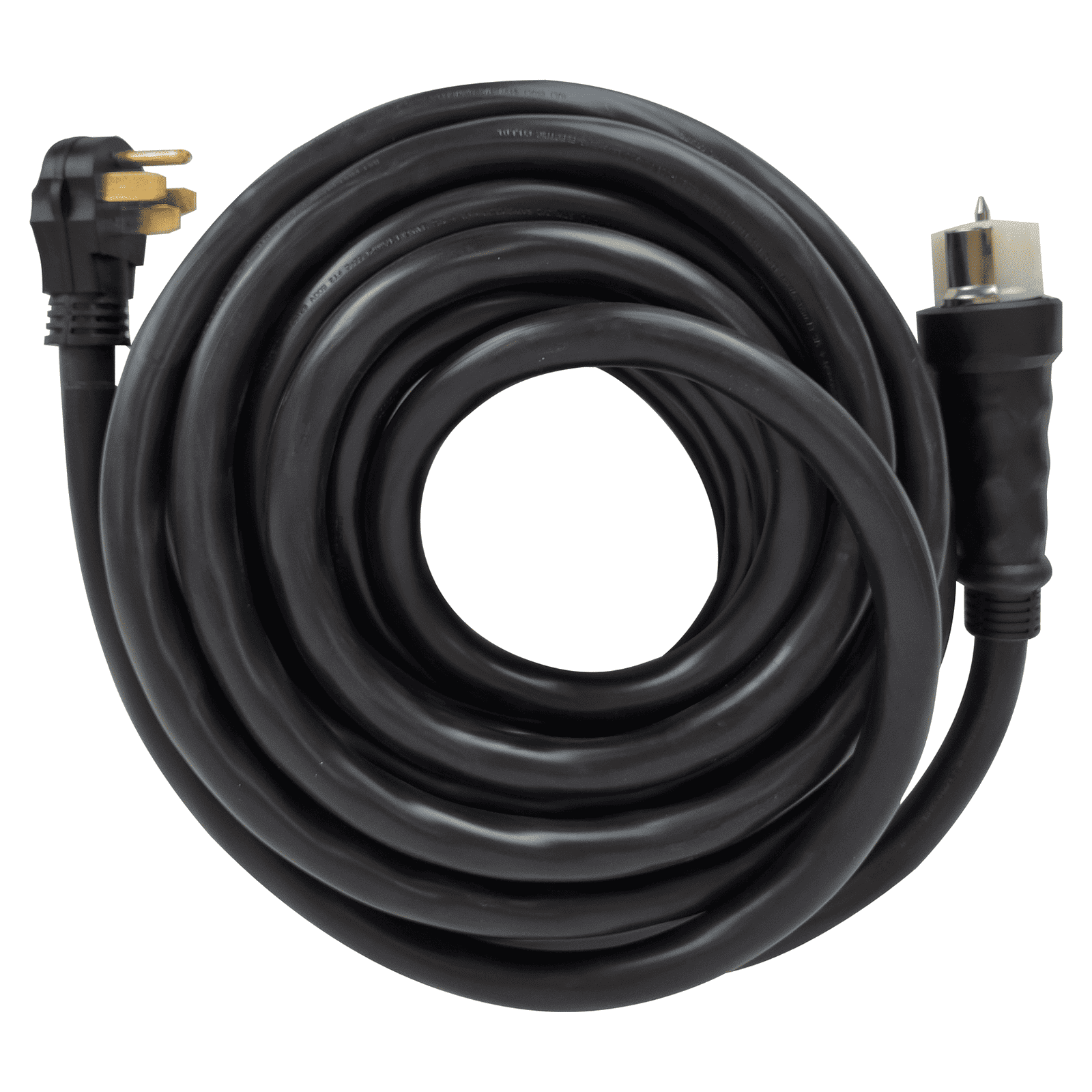 Coiled black DuroMax XP5050GC 50-Amp 6G 50′ 14-50 CS6364 Home Generator Power Cord with a three-prong plug on one end and a male HDMI connector on the other.