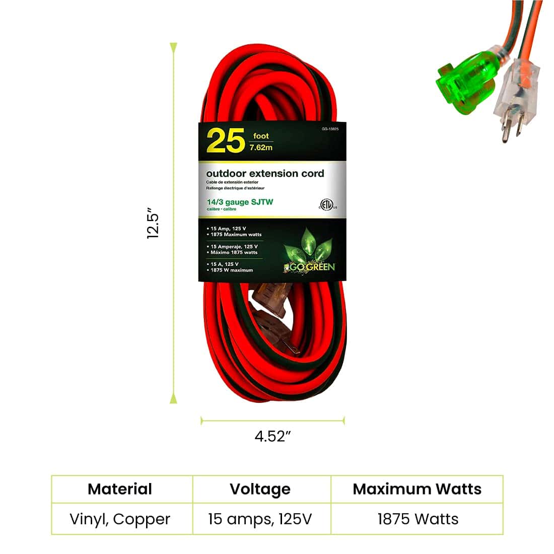 Go Green Power Inc. (GG-13825) 14 3 SJTW Outdoor Extension Cord Lighted Extension Cord 25 ft 2
