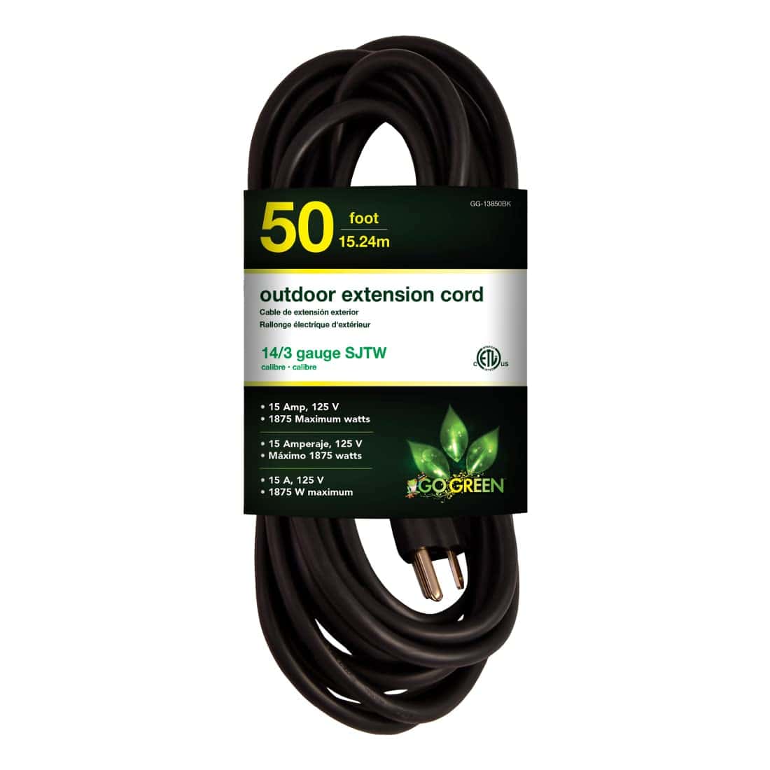 Go Green Power Inc. (GG-13850BK) 14 3 SJTW Outdoor Extension Cord Black 50 ft 1