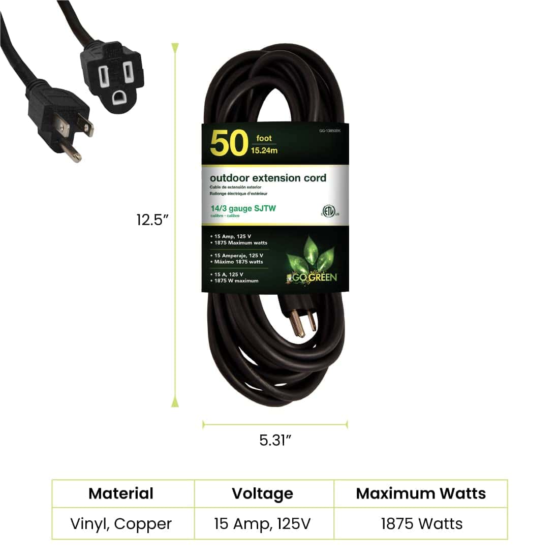 Go Green Power Inc. (GG-13850BK) 14 3 SJTW Outdoor Extension Cord Black 50 ft 2