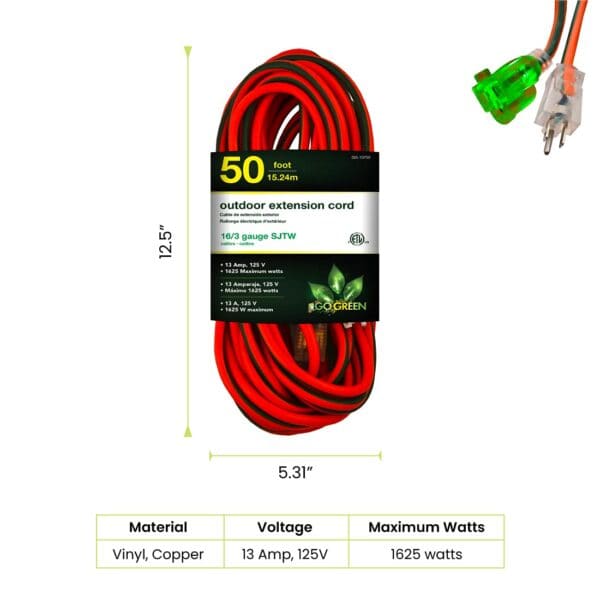 Go Green Power Inc. (GG-14050) 12/3 SJTW Outdoor Extension Cord, Lighted End, 50 ft