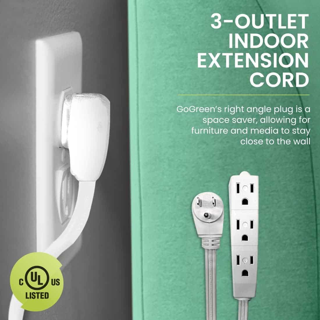 GoGreen Power (GG-19615) 16 3 15’ 3 Outlet Extension Cord White 15 Ft Cord 3