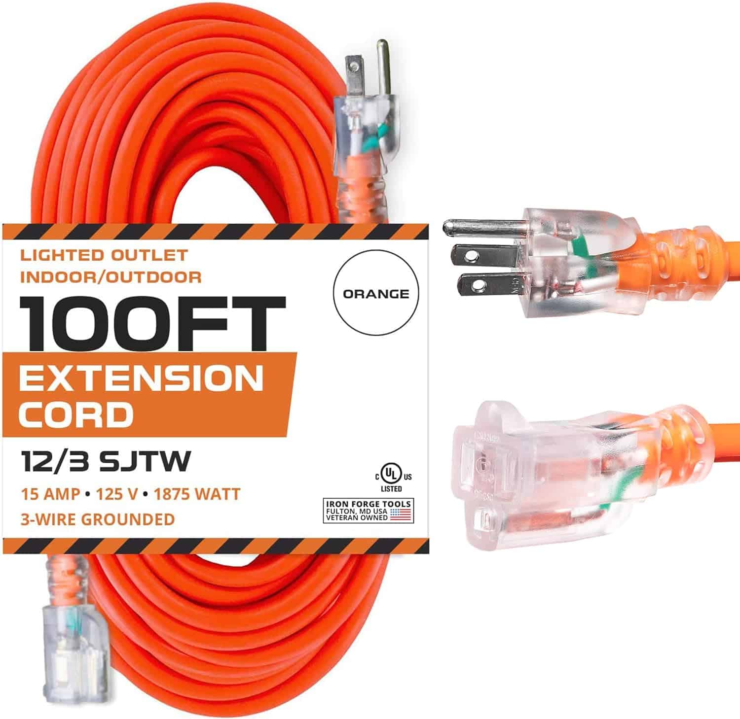 Iron Forge 12 Gauge Outdoor Extension Cord 100 Ft with Lighted End12 3 Heavy Duty Extension Cable with 3 Prong Grounded Plug SJTW Weatherproof Long 1