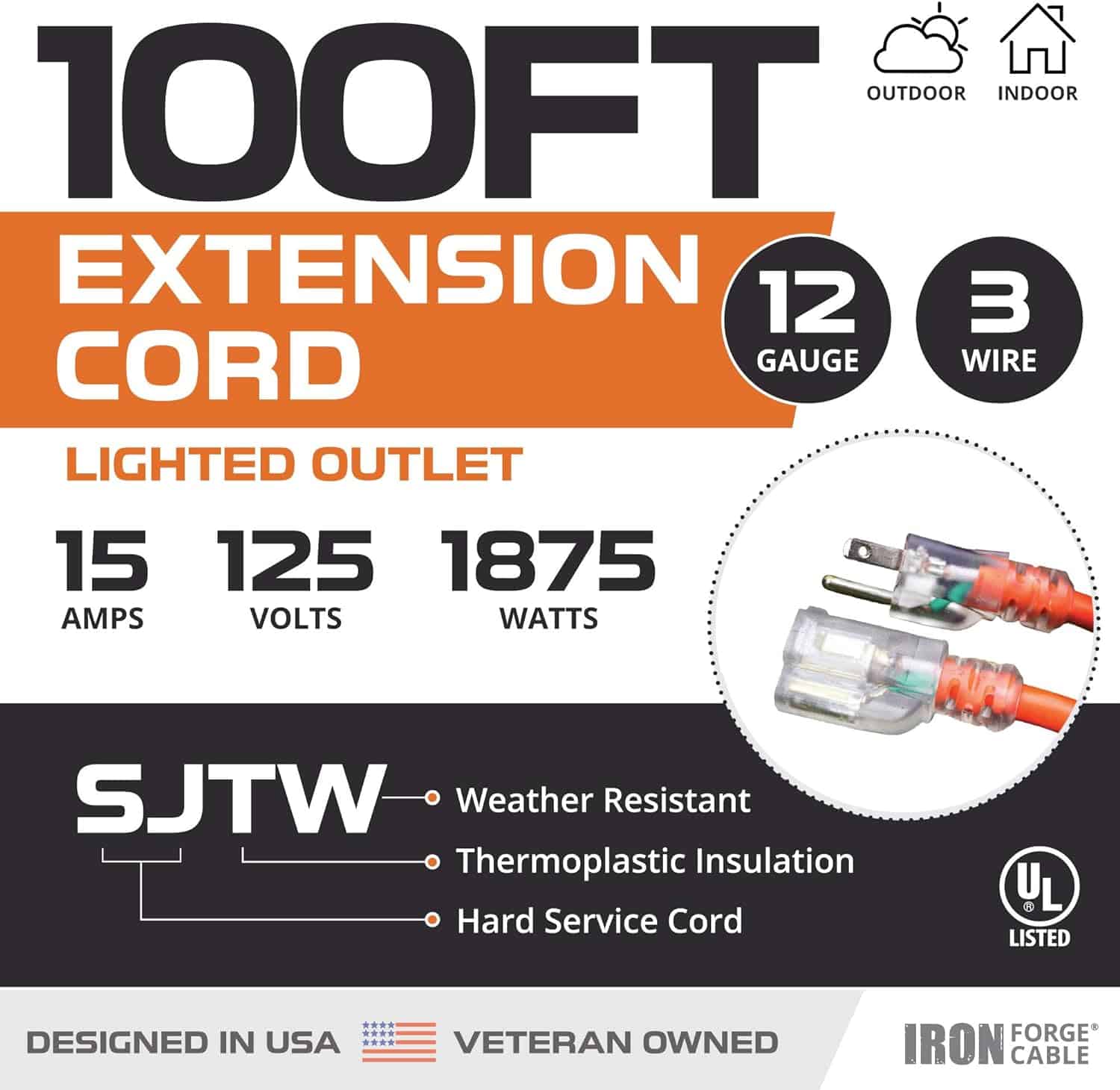 Iron Forge 12 Gauge Outdoor Extension Cord 100 Ft with Lighted End12 3 Heavy Duty Extension Cable with 3 Prong Grounded Plug SJTW Weatherproof Long 2