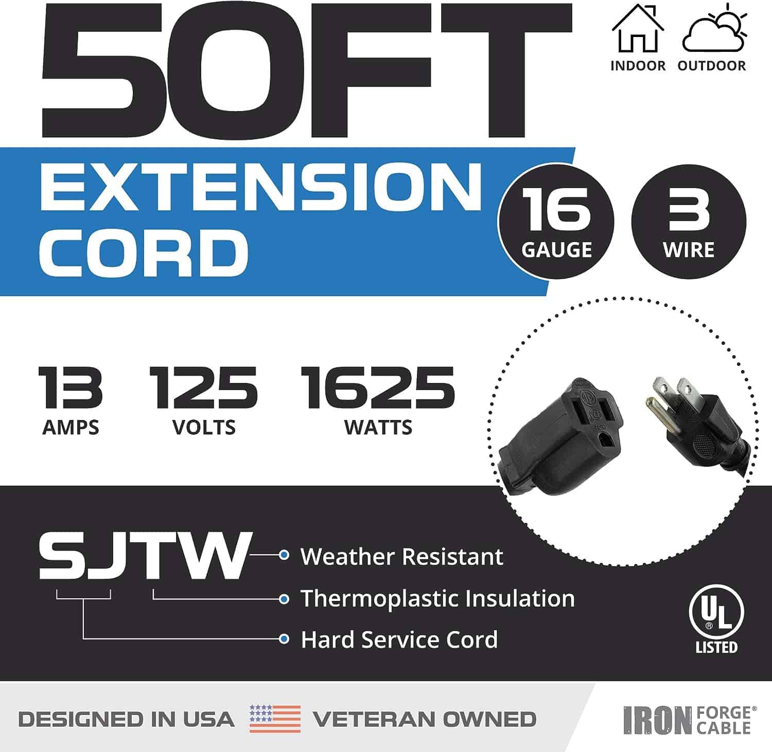 Iron Forge 50 Ft Extension Cord 16 3 Black 50 Foot Extension Cord Indoor Outdoor Use 3 Prong Weatherproof Exterior Extension Cord Great for Garden 2