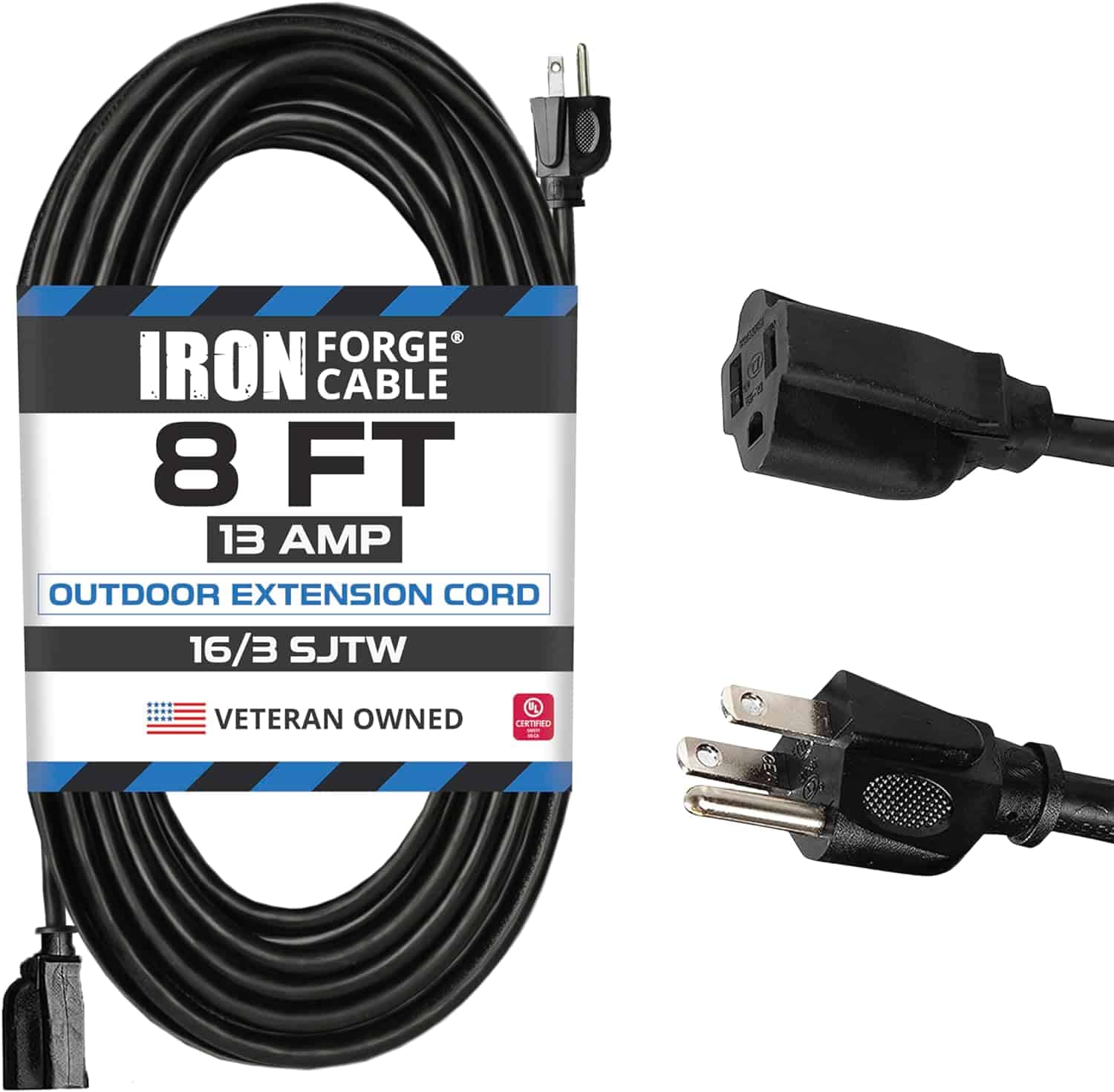 Iron Forge 8 Ft Extension Cord 16 3 Black 8 Foot Extension Cord Indoor Outdoor Use 3 Prong Weatherproof Exterior Extension Cord Great for Gardens 1
