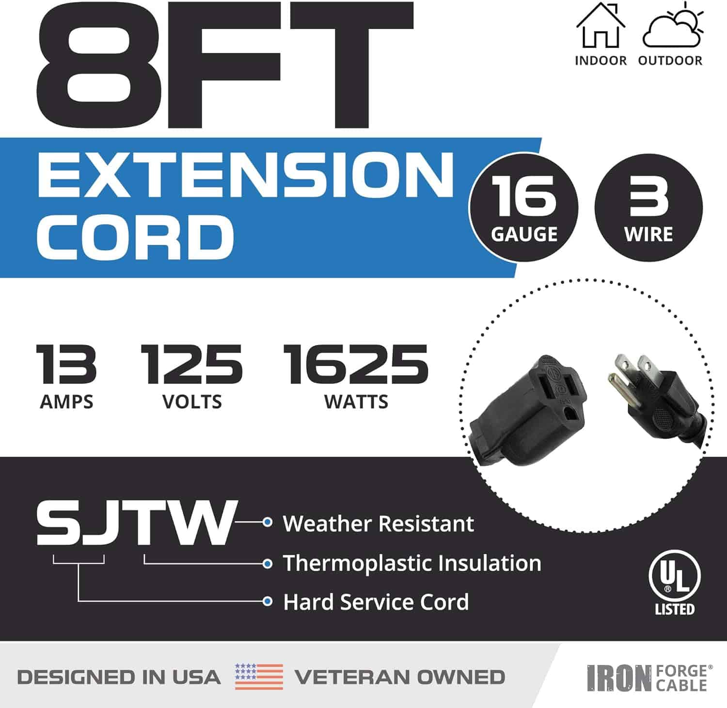 Iron Forge 8 Ft Extension Cord 16 3 Black 8 Foot Extension Cord Indoor Outdoor Use 3 Prong Weatherproof Exterior Extension Cord Great for Gardens 2