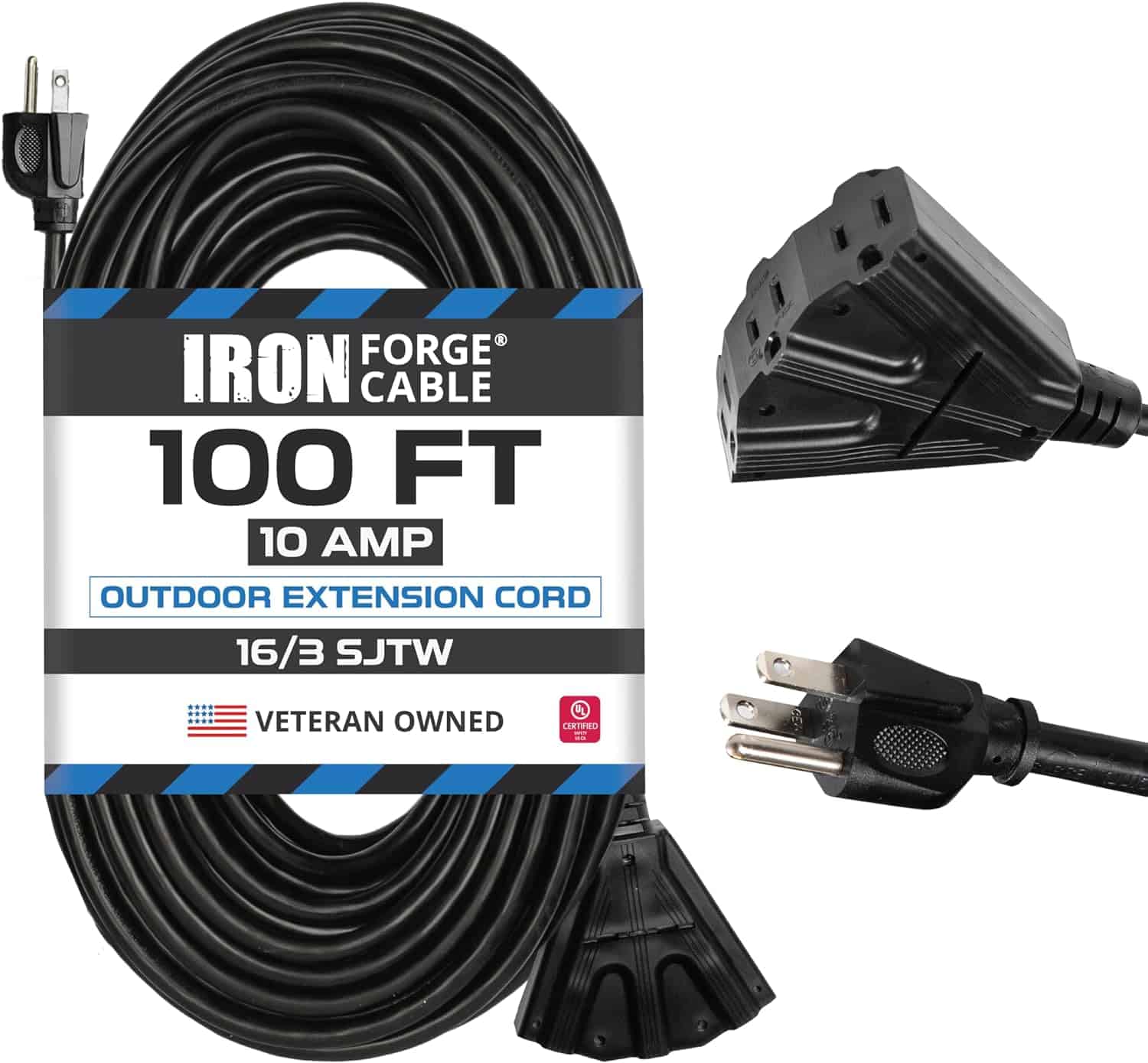 Iron Forge Cable 100ft Extension Cord with 3 Outlet 16 3 Weatherproof 100 ft Black Extension Cord with Multiple Outlets 3 Prong for Landscaping Lawn 1